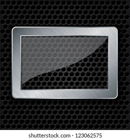 Glass in metallic frame on abstract metal speaker grill background, vector illustration