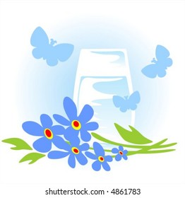 Glass of milk among flowers and butterflies on a blue background.