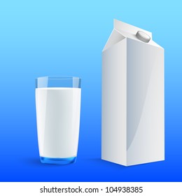 Glass of milk with a big blank milk pack. Vector