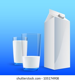 Glass of milk with a big blank milk pack. Vector