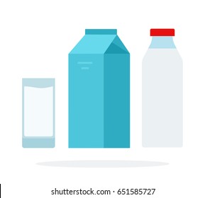 A glass of milk, a bottle of milk and a carton of milk vector flat material design isolated on white