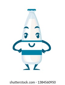 Glass milk bottle mascot. Cartoon character design. Bottle with label, full bottle of milk. Flat vector illustration isolated on white background.