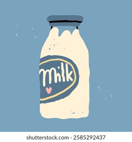 Glass milk bottle. Tasty dairy product. Cartoon modern style. Hand drawn trendy Vector illustration. Isolated design element. Healthy food, local farm market concept