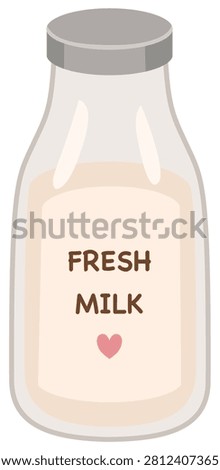 Glass milk bottle with text fresh milk and pink heart vector illustration, dairy product beverage graphic element