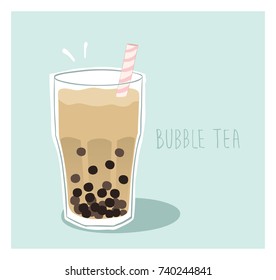 Glass of milk bubble tea with tapioca pearls. Delicious asian drink. Vector illustration