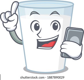 Glass of milk caricature character speaking with friends on phone. Vector illustration