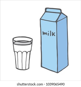 A glass of milk and a carton of milk hand drawn illustration, doodle drink vector.