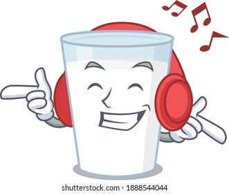 Glass of milk Cartoon design concept listening music on headphone. Vector illustration