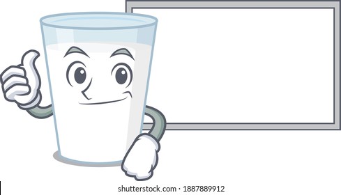 Glass of milk cartoon design with Thumbs up finger bring a white board. Vector illustration