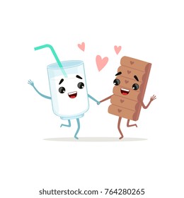 Glass of milk and chocolate bar dancing holding by hands. Sweet couple. Cute flat vector design for card, network sticker, print, logo or badge