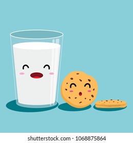 Glass of milk and chocolate chip cookies on blue background. Vector cartoon design.  Vector illustration.