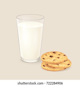 Glass Of Milk And Chocolate Chip Cookies. Vector Illustration.

