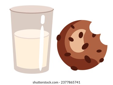Glass of milk and chocolate cookie for Santa in flat style. Vector illustration