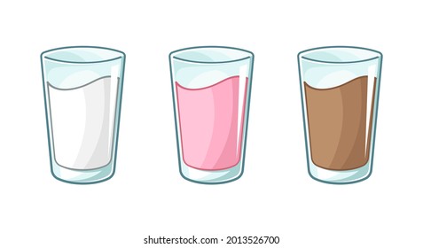 Glass Of Milk Clipart Vector Illustration Set. Vanilla Milk, Chocolate Milk And Strawberry Milk In Tall Glass Cup.