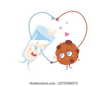 Glass of milk and cookie characters vector illustration. Cartoon isolated happy kawaii couple in love holding hands in heart shape, biscuit with chocolate chips and cup of milk for morning food