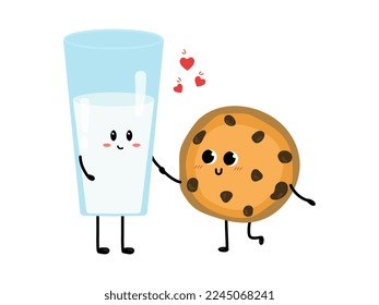 Сute glass of milk and cookie falling in love. Love and Valentine's Day concept. Illustration isolated on white background.