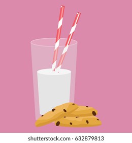 Glass of milk and cookies. Breakfast. Vector illustration 