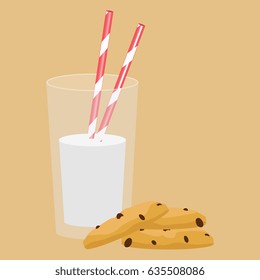 Glass of milk and cookies. Breakfast. Vector illustration 