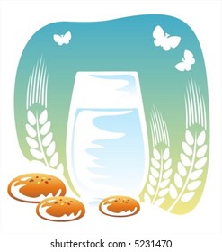 Glass of milk, cookies and butterflies on a background of the sky.