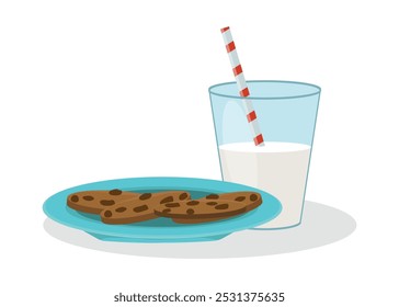 Glass of milk and cookies in cartoon style, snack concept, vector illustration.