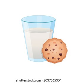 A glass glass with milk and cookies in a flat style on a white background. Flat vector isolated illustration. Organic natural form. Healthy food. White background. A healthy diet.
