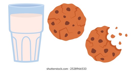 Glass of milk with cookies front view, vector illustration isolated on white background