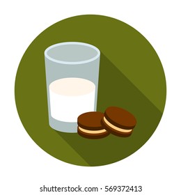 Glass of milk with cookies icon in flat style isolated on white background. Sleep and rest symbol stock vector illustration.