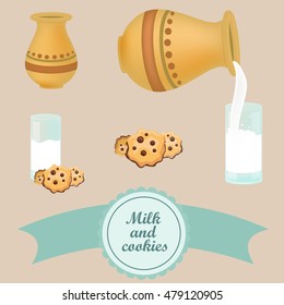 Glass of milk, cookies, jug of milk. Part 2. Pour the milk into a glass. Vector illustration, isolated on a brown background.