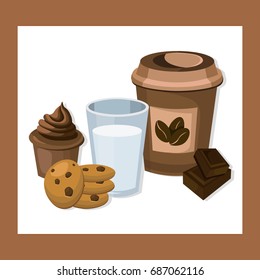 Glass of Milk with cookies and muffin. Vector background illustration