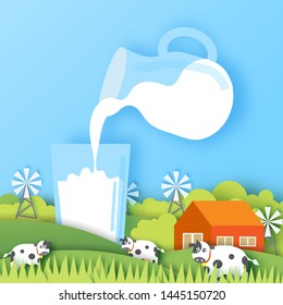 Glass of milk . Cow and milk cup  . Vector illustration for milk, food service, dairy, beverages, gastronomy, health food. paper cut and craft style .