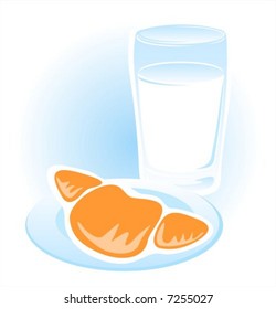 Glass of milk and croissant  on a blue background.