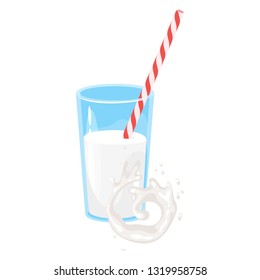 Glass of milk with drinking straw and round liquid splash. Vector illustration isolated on white background.