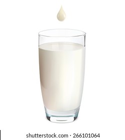 Glass Of Milk And Drop Isolated On White. Vector Illustration