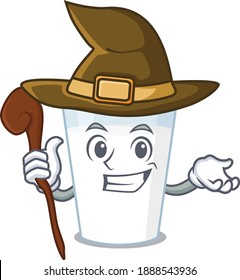 Glass of milk funny but sneaky witch cartoon character design. Vector illustration