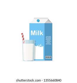 Glass of milk with gable top package close up. Cow milk carton and milk cup isolated on white background