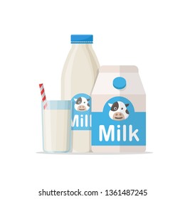 Glass of milk with gable top package close up. Cow milk carton and milk cup isolated on white background
