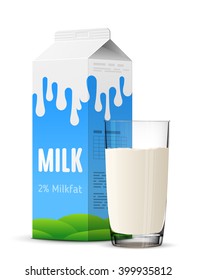 Glass of milk with gable top package close up. Cow milk carton and cup isolated on white background. Vector illustration