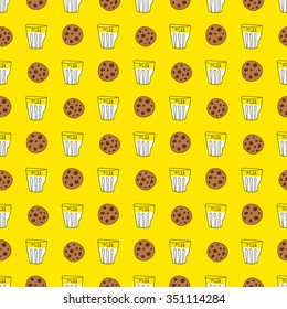 Glass of milk and ginger chocolate cookies on yellow background. Seasons food concept. Funny holiday seamless pattern. Stock vector illustration for Xmas traditional banner, print, wrapping paper