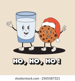 Glass of milk and ginger cookie for Santa Claus and ho ho ho text. Cute Christmas greeting card, poster, print. Happy winter holiday concept, sweets for Santa. Retro groovy style.