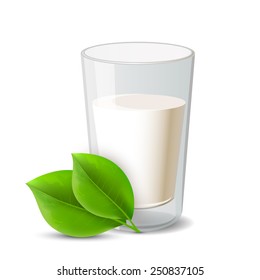 Glass of milk and green leaf