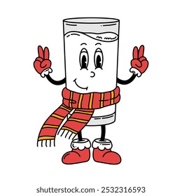 Glass of Milk Groovy Christmas line vector illustration. Merry Christmas and Happy New year. Hand drawn 70s 60s 50s character in trendy style