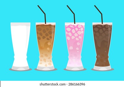 Glass of milk, a glass of iced coffee and cold drinks.