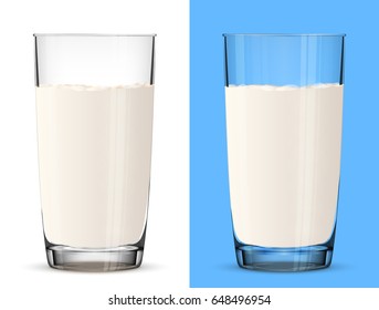 Glass of milk isolated on white / blue background. Cow milk in single cup close up