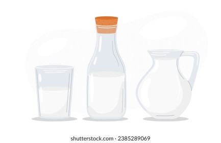 Glass of milk, jug of milk, bottle of milk. Organic homemade food. Vector illustration. Food concept. Kitchen image. Illustration for a cookbook.