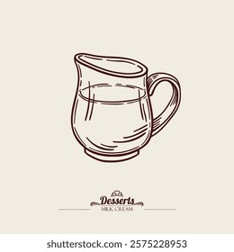 Glass milk jug with cream. Graphic drawing, engraving, etching technique. Line art, sketch style. Vector hand drawn illustration