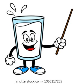 Glass of Milk Mascot with a Pointer - A vector cartoon illustration of a glass of Milk mascot holding a Pointer stick.