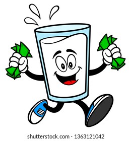 Glass of Milk Mascot running with Money - A vector cartoon illustration of a glass of Milk mascot running with Money.