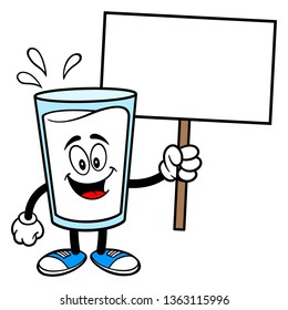 Glass of Milk Mascot with a Sign - A vector cartoon illustration of a glass of Milk mascot holding a blank Sign.