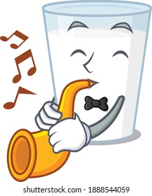 Glass of milk musician of cartoon design playing a trumpet. Vector illustration
