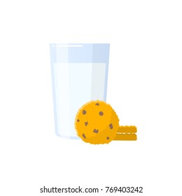 Glass of milk with oatmeal cookies. Sweets, lunch, afternoon snack, baking, dessert, food. Preparing for bed. Useful food, organic. Fresh delicious vitamin, healthy breakfast Vector flat illustration